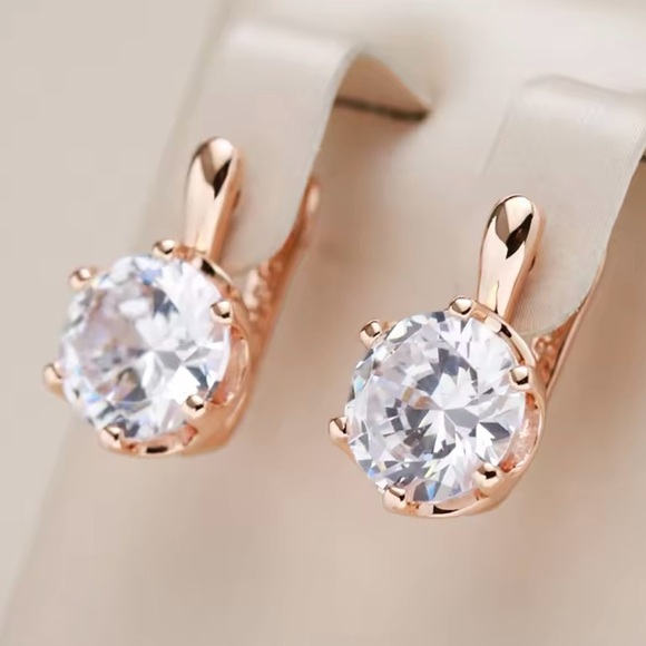 585 Rose Gold Color English Earrings for Women Simple Shiny Big Zircon Earrings - Picture 1 of 5